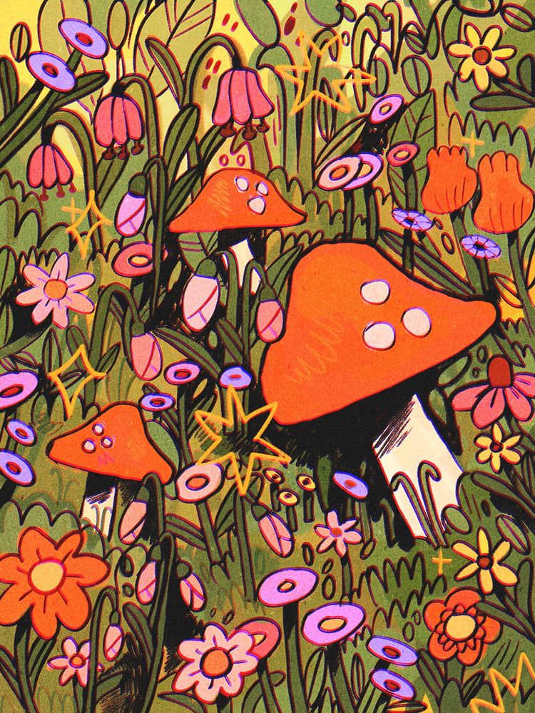 A digital drawing featuring a ground level view in a forest, so you see lots of shrubs, flowers, mushrooms and leaves. The colours are vibrant.
