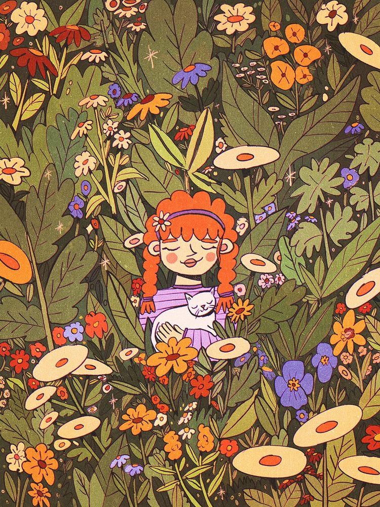 A digital drawing of a page filled with leaves and flowers, and a girl holding a white cat in the middle. They both look content.