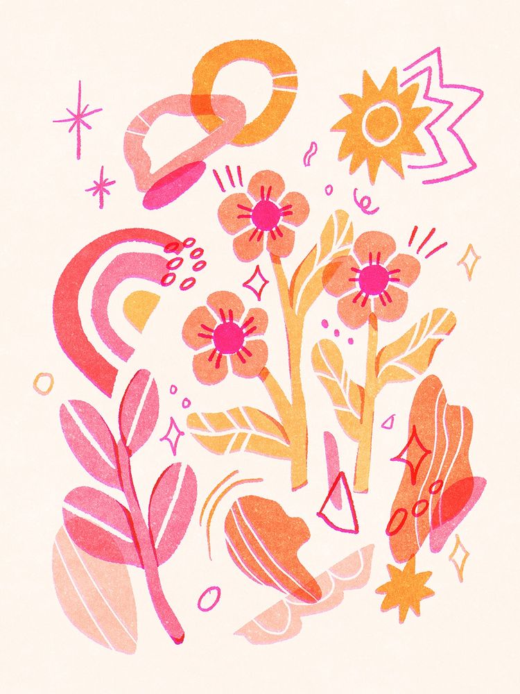 A digital drawing of some fun abstract shapes arranged around the page. Some of them look like flowers, but most are just blobs and arches. The colours are pink, yellow and orange.