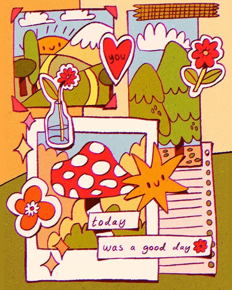 A digital drawing featuring a kind of scrapbook looking layout, with drawn photos, stickers and washi tape. There are photos of nature and landscapes, stars and hearts, and the text "today was a good day".