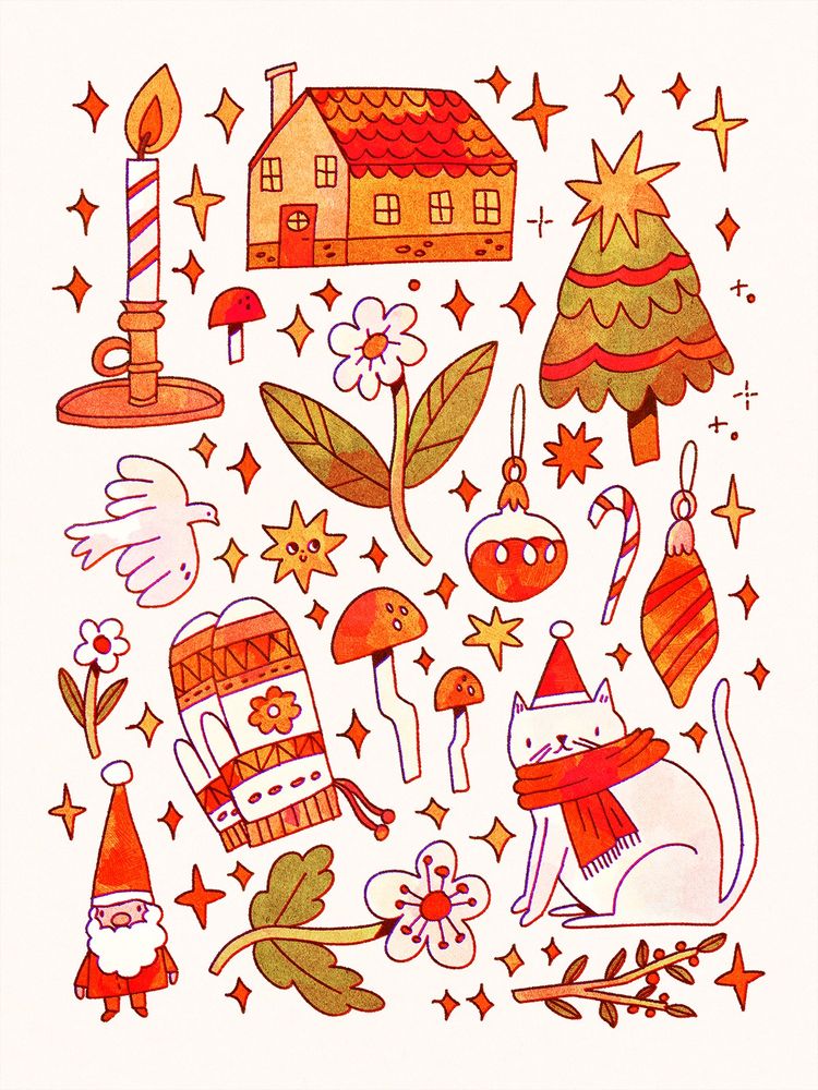 A digital drawing of a lot of Christmas related things scattered on a page: a candle, a Christmas tree, flowers, baubles, a cat wearing a santa hat, a little gnome, some mittens and mushrooms.