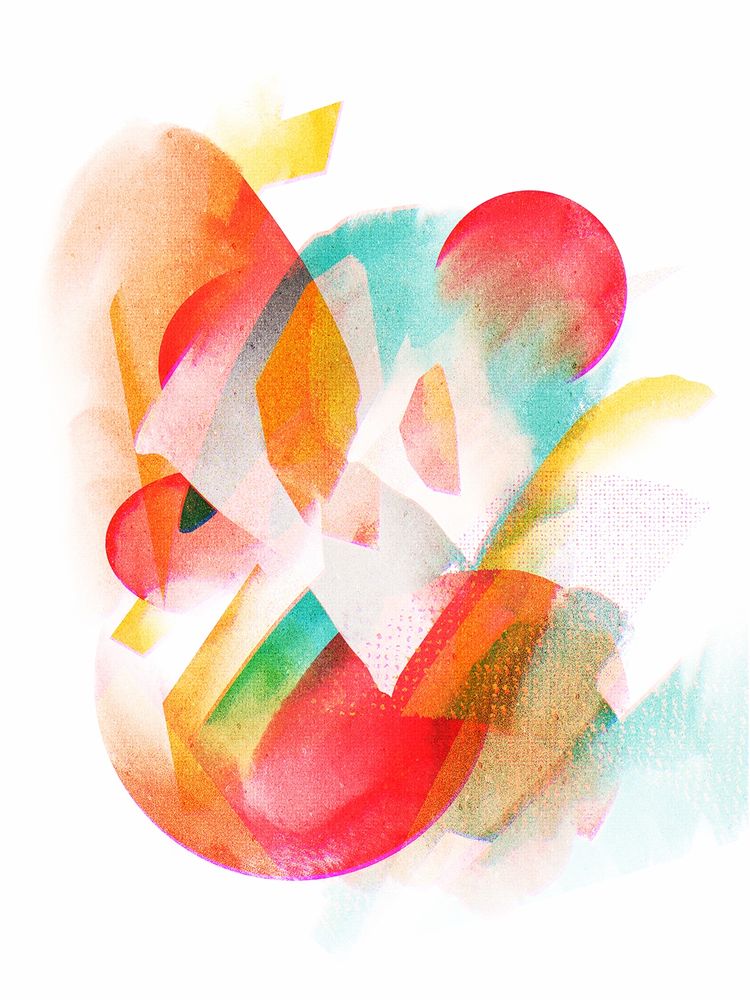A digital drawing of an abstract composition featuring lots of different shapes in different colours.