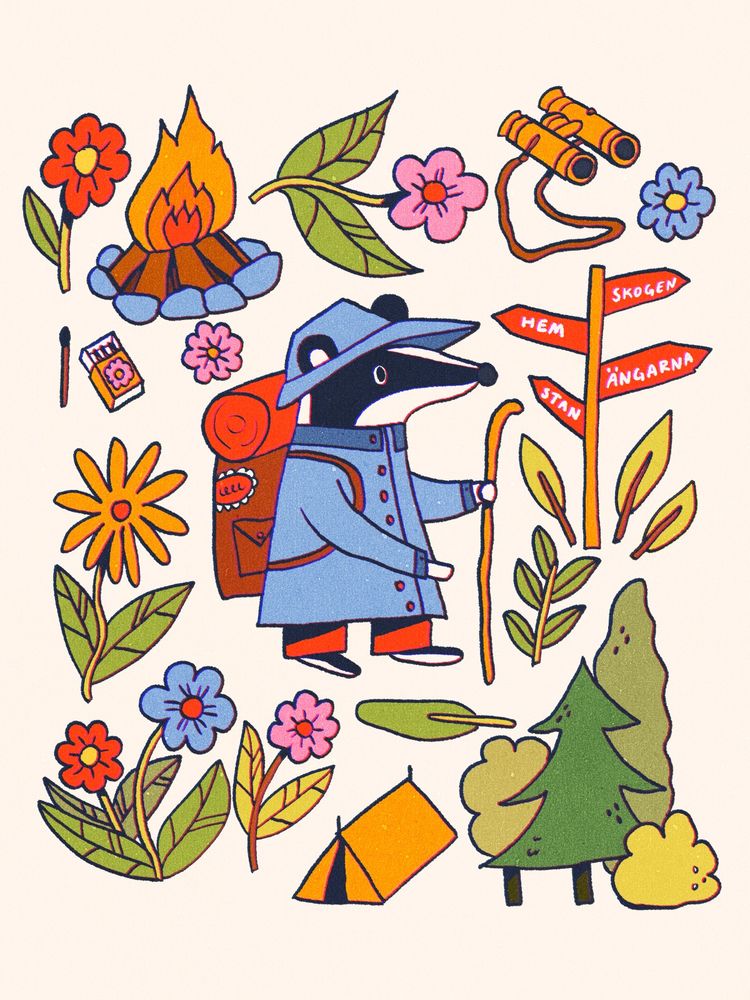 A digital drawing of items scattered on a page. In the middle is a badger character in a blue coat wearing a big backpack, and surrounding him are things like trees, flowers, a tent, binoculars, a campfire and so on.
