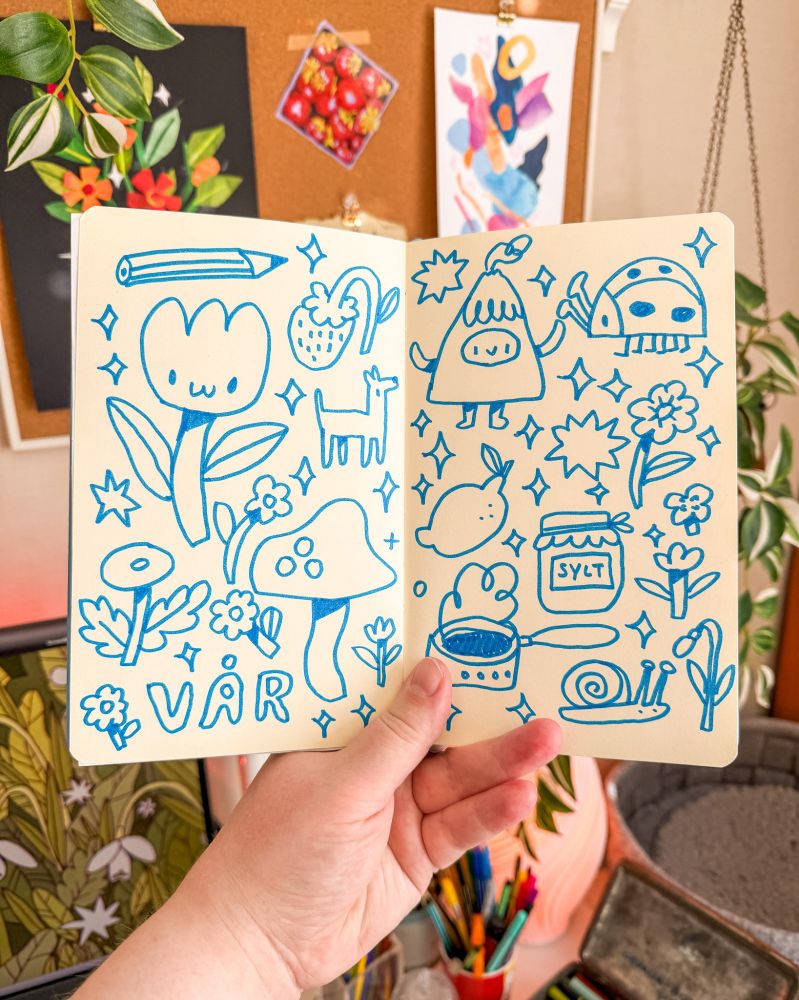 A photo of a sketchbook being held open in front of a desk. Inside the sketchbook are lots of little doodles in blue pen, with flowers, a mountain, a jar of jam, the text "Vår" (Spring in Swedish) and other stuff.