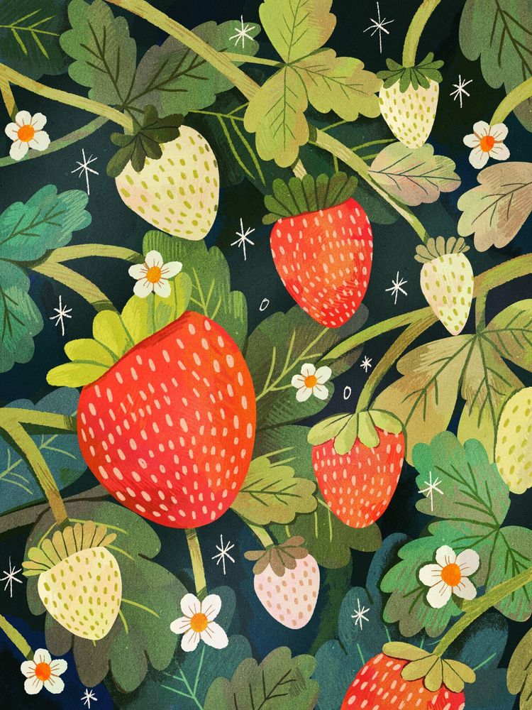 A digital drawing of a page filled with strawberries, flowers and leaves. The background is dark, and most the berries are red but some are still white from not being ripe yet.