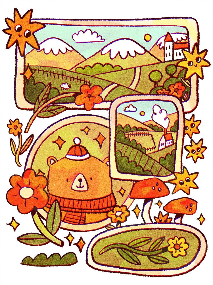 A digital drawing of a collection of smaller frames overlapping within the drawing, surrounded by flowers, sparkles and mushrooms. Inside the frames are landscapes, a bear character wearing a hat and a scarf, and a flower.