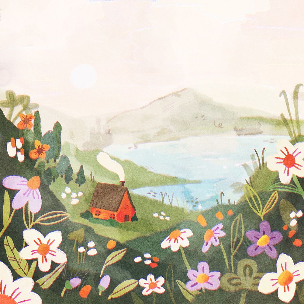 A digital drawing of a hilly landscape with a small red cabin by a lake. In the foreground are lots of flowers.