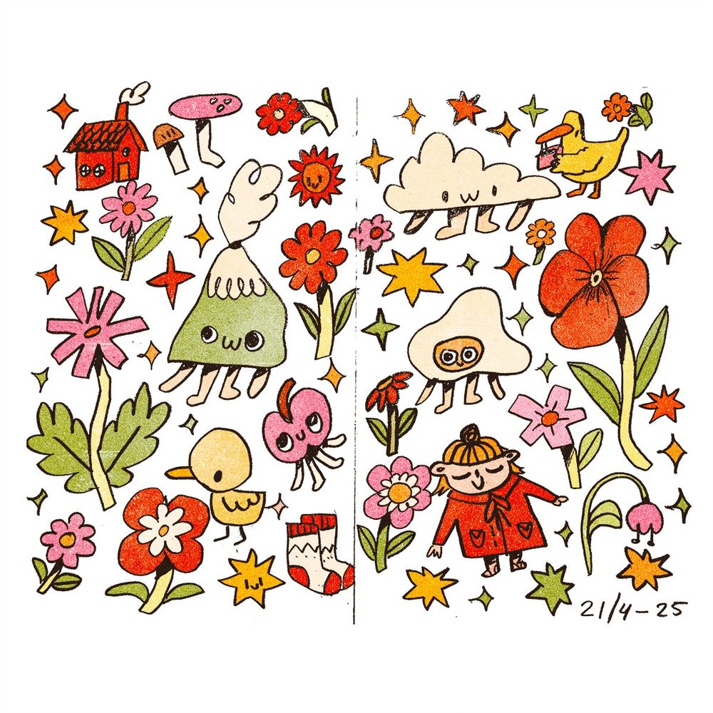 A drawing featuring lots of doodles scattered on a page, filled in with warm and fun colours. There is a cloud with legs and arms, a mountain character, flowers, a duck drinking out of a juice box, a duckling and a house.