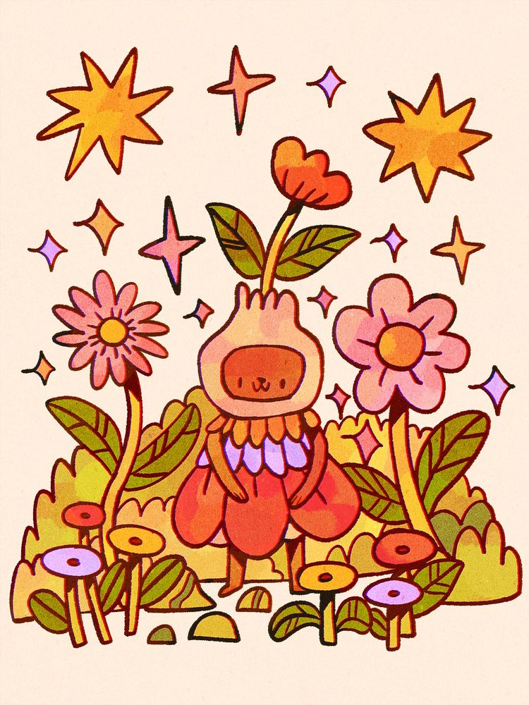 A digital drawing featuring a little flower character standing among lots of flowers and sparkles. They are wearing a flower dress, and have a kind of flower bulb as a head, with a flower growing out of it.