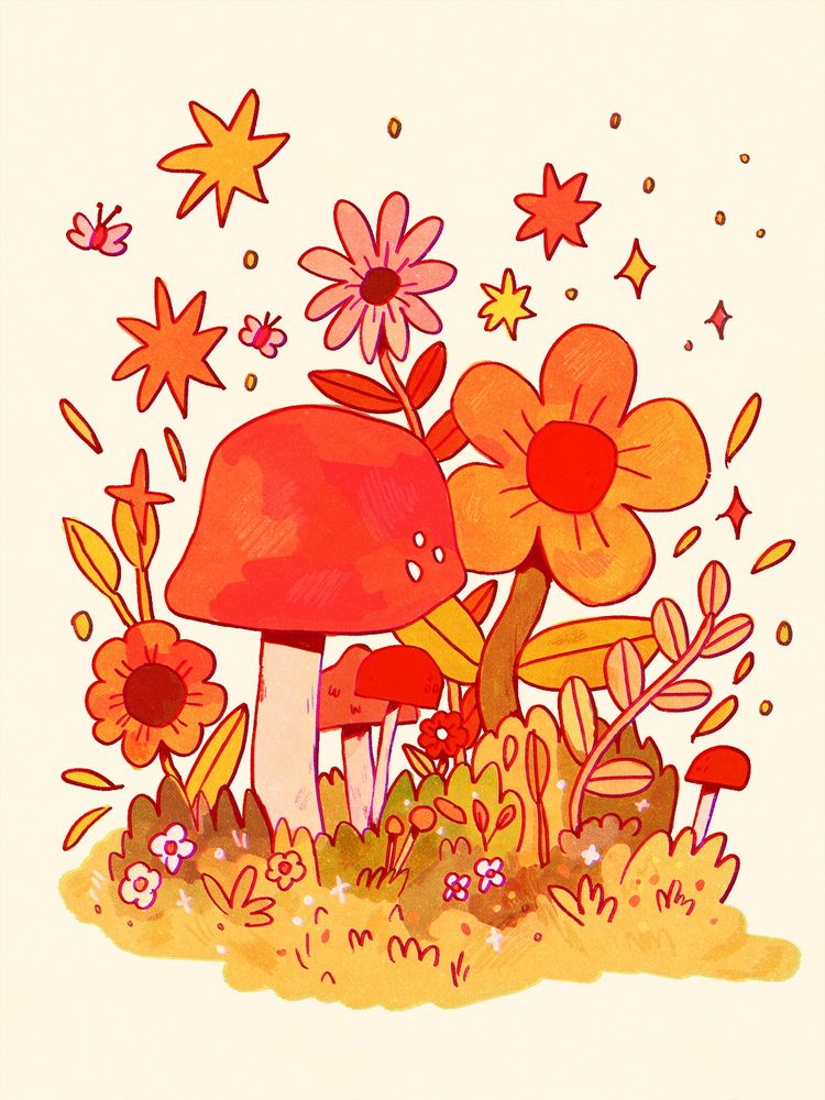 A digital drawing featuring a some mushrooms, flowers and leaves growing from the ground. Surrounding them are sparkles. The colours are very warm and vibrant.