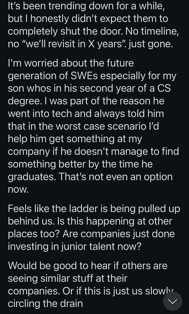 Part 2 of the Reddit post:

It's been trending down for a while, but I honestly didn't expect them to completely shut the door. No timeline, no "we'll revisit in X years". just gone.
I'm worried about the future generation of SWEs especially for my son whos in his second year of a CS degree. I was part of the reason he went into tech and always told him that in the worst case scenario I'd help him get something at my company if he doesn't manage to find something better by the time he graduates. That's not even an option now.
Feels like the ladder is being pulled up behind us. Is this happening at other places too? Are companies just done investing in junior talent now?
Would be good to hear if others are seeing similar stuff at their
companies. Or if this is just us slowly circling the drain?