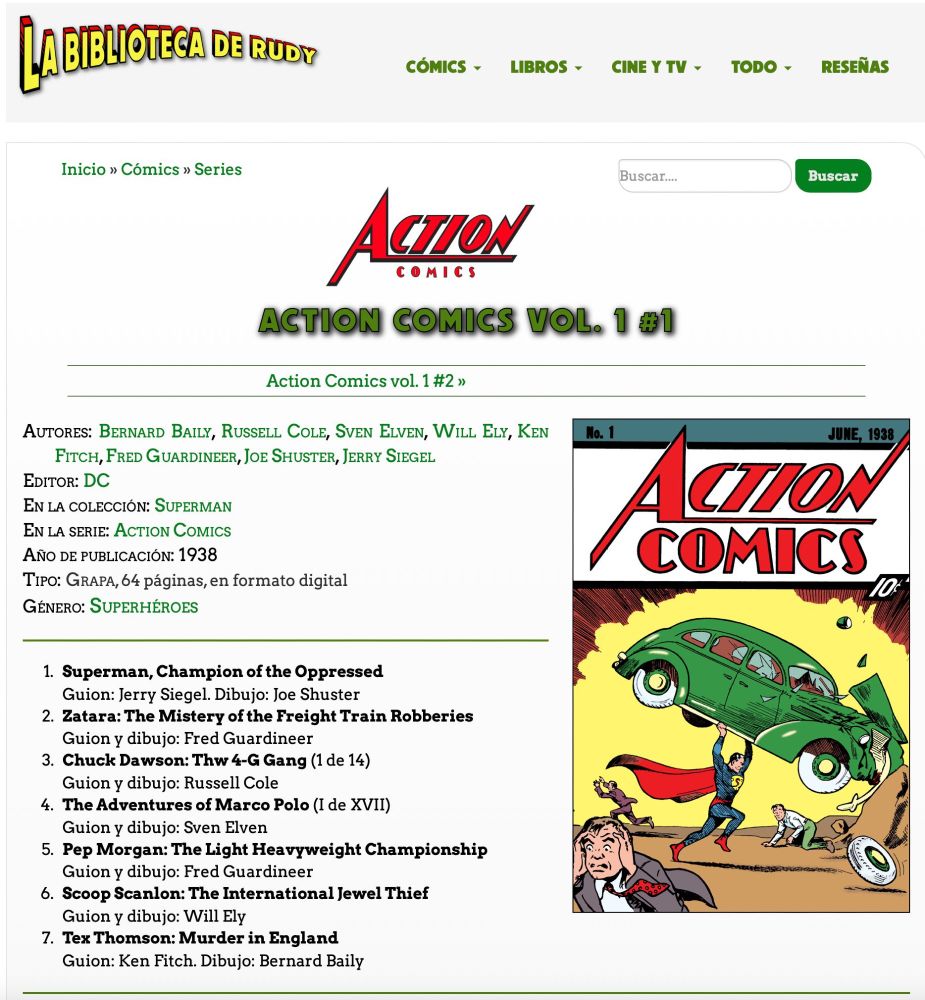 Ficha de Action Comics 1. Incluye la cubierta con Siperman alzando un automóvil en vilo.