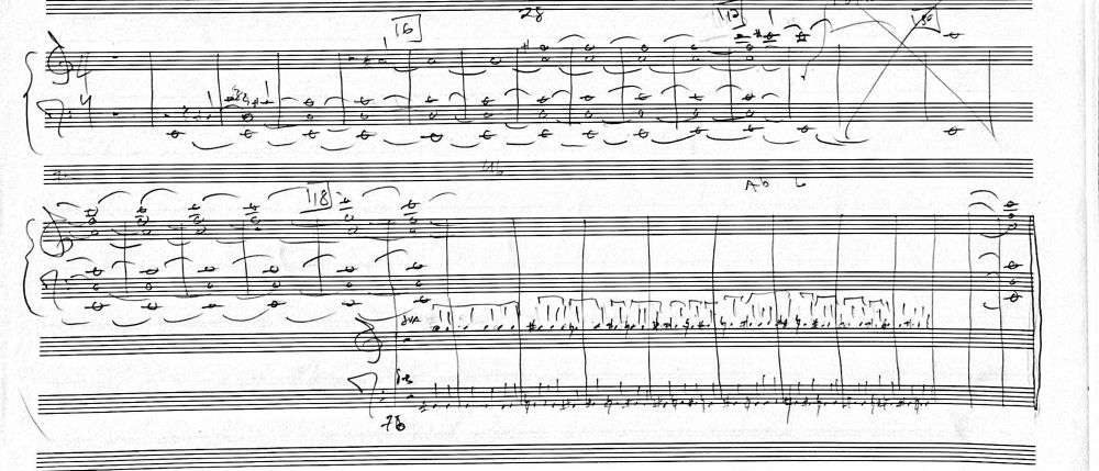 A handwritten short score showing a gradually evolving harmonic field 