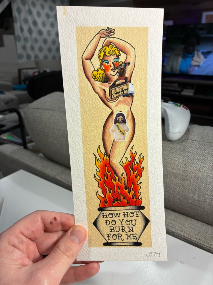 Tattoo flash watercolor painting of naked sailor Jerry babe in pot of flames. The pot says “How hot do you burn for me” and the fire looks hella sick. There are strategically placed stickers over the vulva and breasts to avoid upsetting blue sky