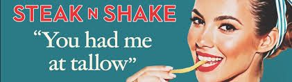 vintage style illustration of a trad wife munching on a single french fry, her allotment for the month. text says "Steak n Shake 'You had me at tallow'" 