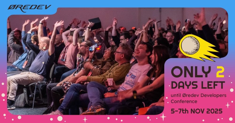 Audience members enthusiastically raising hands during a lively session at the Øredev developers conference. Text: Only 2 days left until Øredev Developers Conference. 