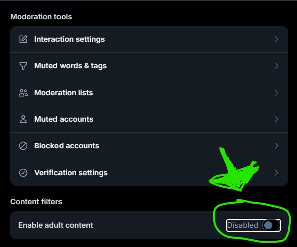 The Moderation menu. This menu will look the same no matter where you access it, HOWEVER, on iPad, there is one difference that will be elaborated on in a moment.

Moderation tools
 - Interaction settings
 - Muted words & tags
 - Moderation lists
 - Muted accounts
 - Blocked accounts
 - Verification settings

Content Filters
 - Enable adult content (There's a switch to toggle. The default setting is having it off, in which "Disabled" will appear next to it, and the switch itself is greyed out. Under normal, sensible, circumstances, those that wouldn't want to bother with NSFW content would just leave this off, but due to a period where Bluesky ToS meddled with the NSFW group, you will at least want to turn this on to check a specific setting, in which you can then turn this back off completely when you're done. I'll explain in the ALT-TEXT of the next image.)