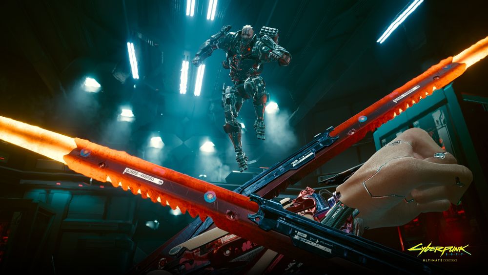 V crosses their Mantis Blade arms in a defensive pose as Adam Smasher descends from above, his red eyes flashing.