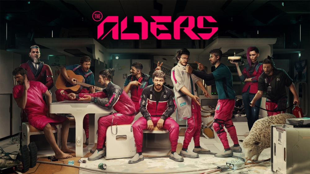 Jan Dolski from The Alters sits around a futuristic space station with various clones of himself arguing, playing guitar, and teasing one another. In the corner stands Mr. Hands from Cyberpunk 2077. On the other side, female V holds up a birthday cake, a stoic expression on herself.