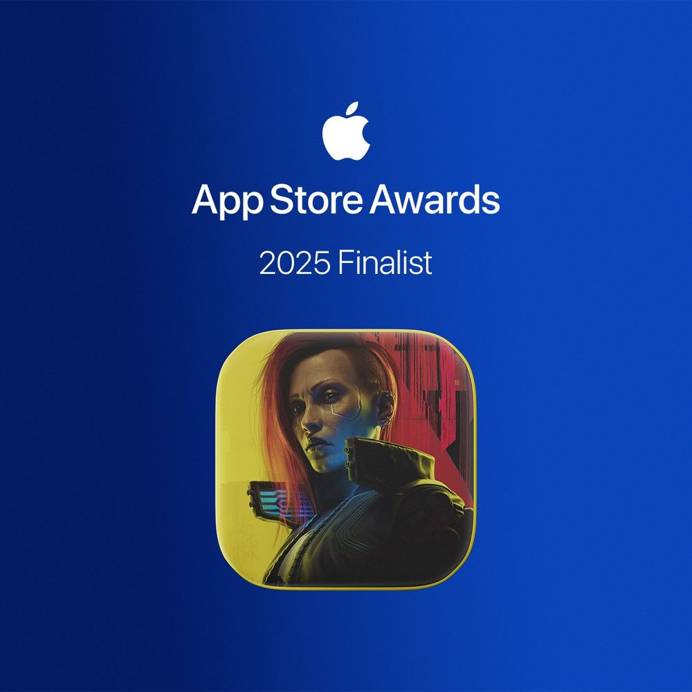 On a blue background, a rounded square icon shows an image of female V from the box art of Cyberpunk 2077: Ultimate Edition. Text above reads, "App Store Awards 2025 Finalist".