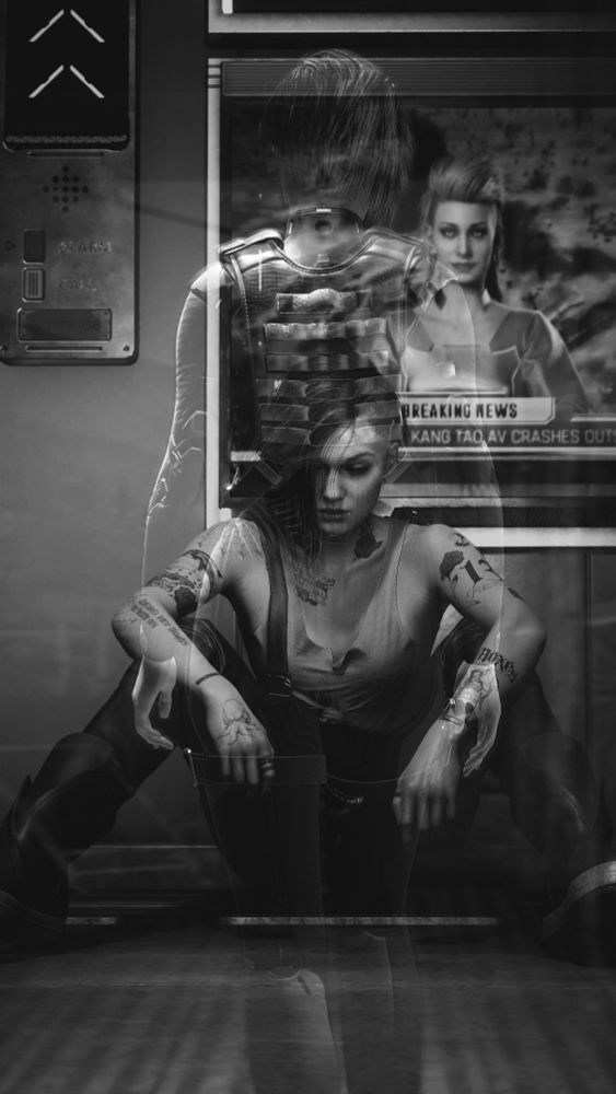Black and white digital photograph shows Judy Álvarez sitting against a wall solemnly staring down. The ghostly figure of a woman looms over her.