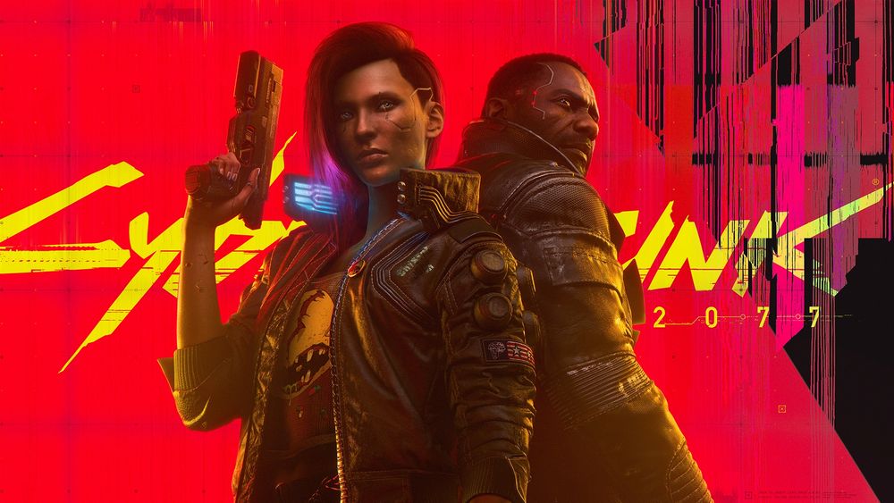 Female V and Solomon Reed from Cyberpunk 2077: Phantom Liberty pose back-to-back. Female V faces forward, her blue eyes cast upwards. She has on a heavy brown leather jacket with a stiff upright collar. Behind her stands Solomon Reed, his back to hers. He looks over one shoulder in the same direction as V. A piece of silver cyberwear embedded into his cheeks and temple contrasts against his dark brown skin. In the middle of the image is the logo for Cyberpunk 2077.