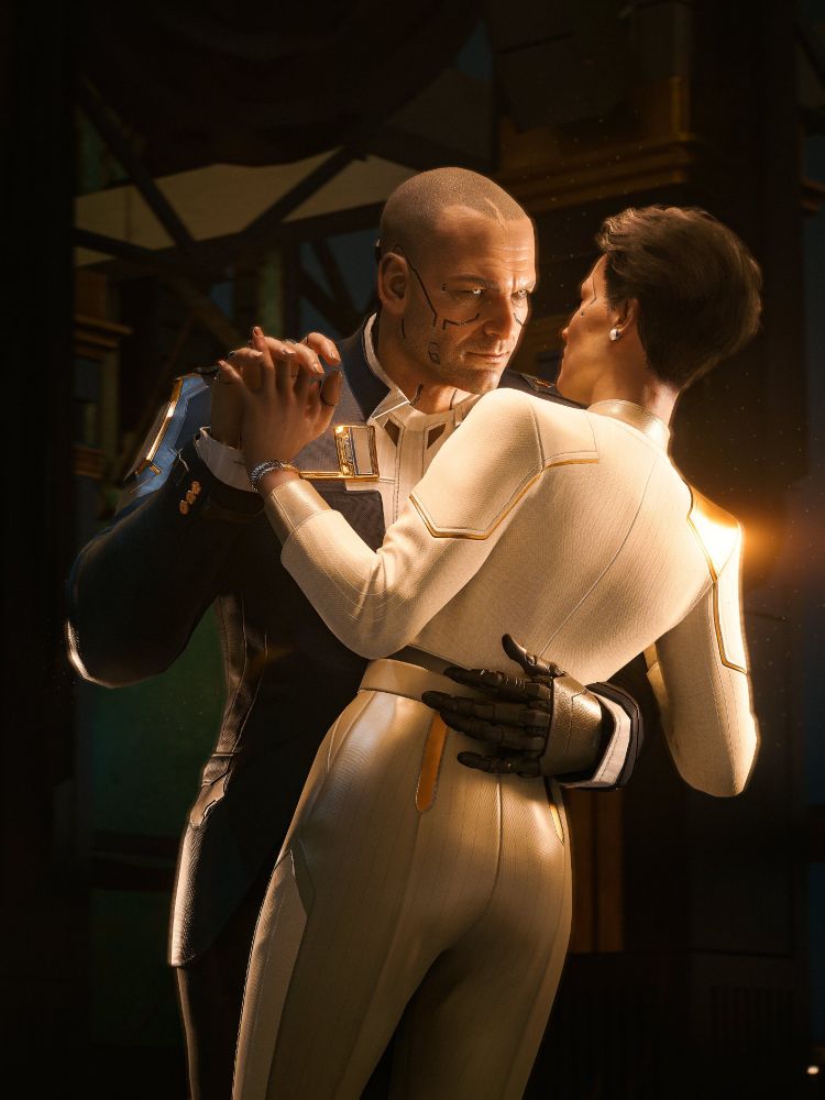 President Rosalind Myers dances with Kurt Hansen. He stares intently at her and rests a cybernetic arm on her lower back. Their other hands are interlocked together. Soft light imbues the scene with warmth.