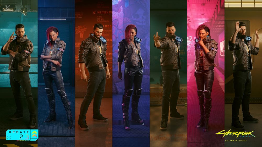 A collage of both male and female V showing off new Photo Mode poses, including a shy crossed arm pose, a surrender pose with arms raised, a shushing motion, one arm outstretched toward the viewer, and more. In the corner a blue logo reads, “Update 2.3”.