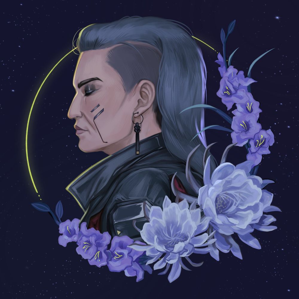 A digitally drawn portrait of Rogue from Cyberpunk 2077. Her face is in profile and shows her eyes downcast. She is surrounded by a golden circle half-covered by flowers in bloom.