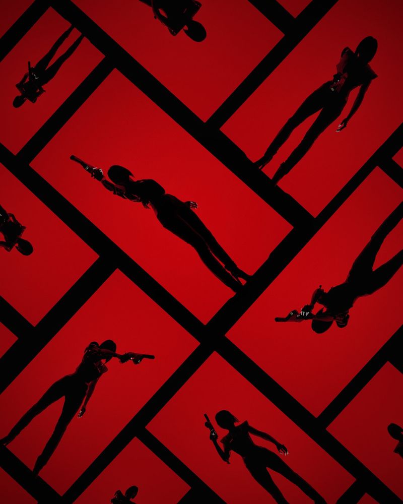 Several black silhouettes of So Mi Song, otherwise known as Songbird, from Cyberpunk 2077: Phantom Liberty. Each one is holding a gun in a different pose, set against a red rectangular background with thin black lines dividing each one, laid out like well organized playing cards.