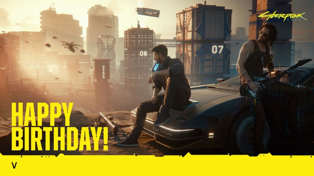 Male V sits on the hood of a car and looks out at as weak sunlight breaks through the smog over the Night City skyline. Next to him, Johnny Silverhand leans against the car with a guitar in his hands. Text reads, “Happy Birthday, V!”
