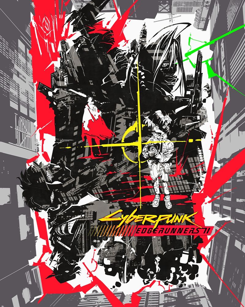 Poster for Cyberpunk Edgerunners 2 shows the anime series' logo in neon yellow fading into stark red. Behind it is a chaotic collage in black, grey, white, and red of myriad characters from the upcoming series alongside brief glimpses at Night City.