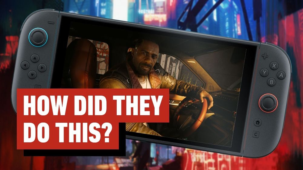 A Nintendo Switch 2 in handheld mode playing Cyberpunk 2077 Ultimate Edition, paused on a still of Solomon Reed, who’s played by Idris Elba. Text reads, “How did they do this?”