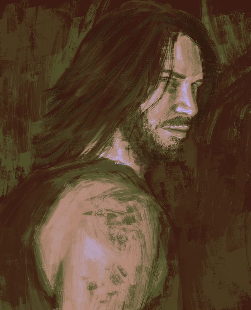 A portrait of Johnny Silverhand from Cyberpunk 2077 in shades of brown and green. The thick brush strokes show him looking over his shoulder, black shaggy hair flowing down the nape of his neck.