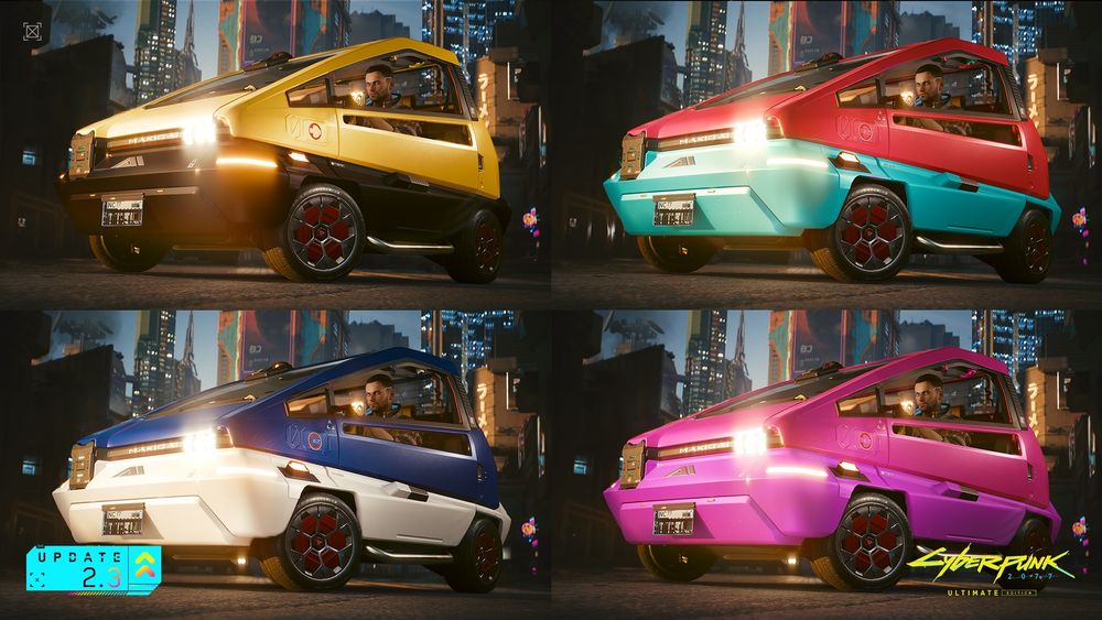 Four screenshots presented side by side show V from Cyberpunk 2077 driving a small chunky car. Each image shows the car with different colors: yellow and black, red and turquoise, navy and white, and purple and pink. The Cyberpunk 2077 Update 2.3 logo sits at the bottom left hand corner.

