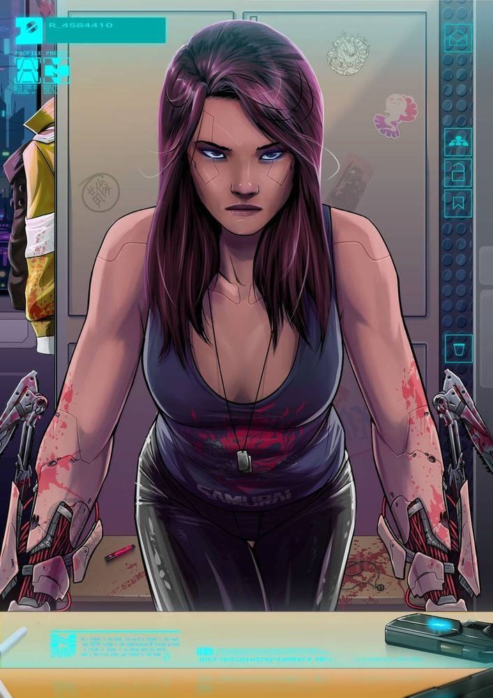 A woman with dark red hair leans against a countertop and stares at herself in the mirror. She wears a Samurai tank top with two dog tags around her neck. Her forearms are equipped with bloody Mantis blades. In the background, a yellow paramedic jacket hangs from the wall.