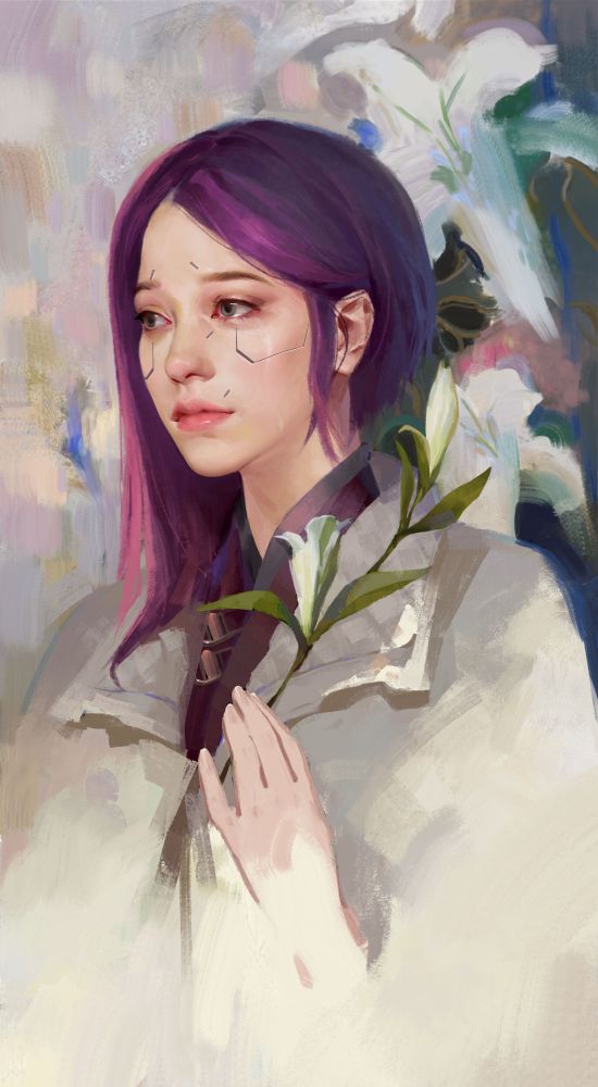 Painting of So Mi Song from Cyberpunk 2077 Phantom Liberty. She stands looking mournful, vaguely upset, in a large grey-brown coat. So Mi holds a green plant in her hand, which appears to grow into large flowers behind her. 
