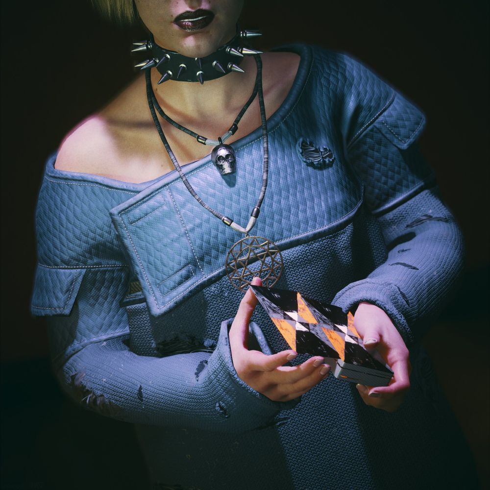 A screenshot of Cyberpunk 2077 showing a cropped portrait of Misty holding a deck of tarot cards. Her face is out of frame, showing only her open lips covered in a black lipstick. She wears a spiked choker and a thick blue off-shoulder sweater.
