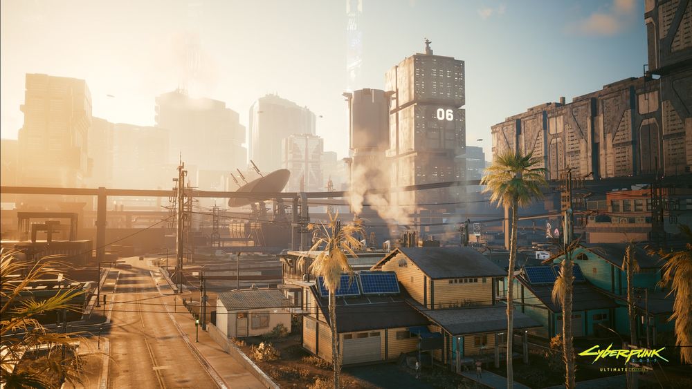 Screenshot of Cyberpunk 2077 Ultimate Edition on Nintendo Switch 2 shows the dusty district of Santo Domingo, with smoke bellowing from the chimneys of dirty, simple houses near sunset.