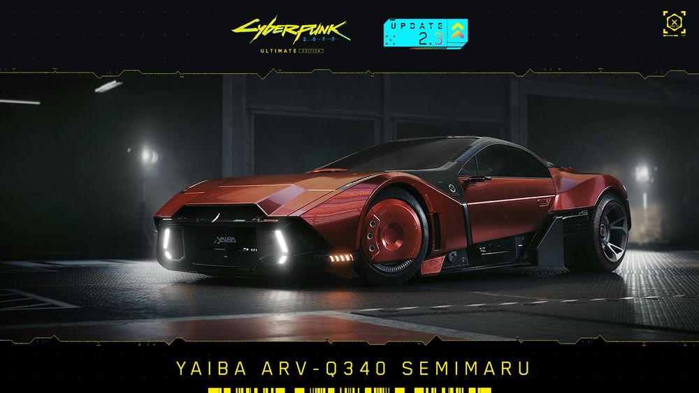 Screenshot from Cyberpunk 2077 shows the Yaiba ARV-Q340 Semimaru sports car in chrome red. The logo for Cyberpunk 2077: Ultimate Edition and Update 2.3 is printed on top.