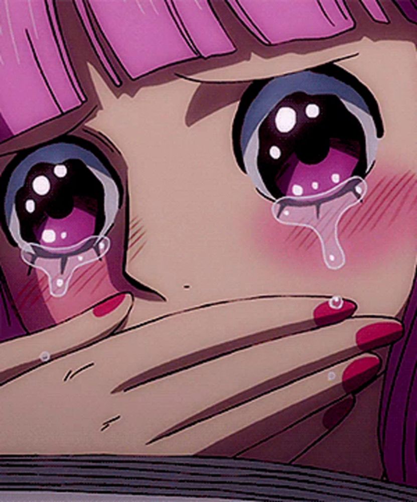 a cartoon girl with purple hair is crying and covering her mouth with her hand