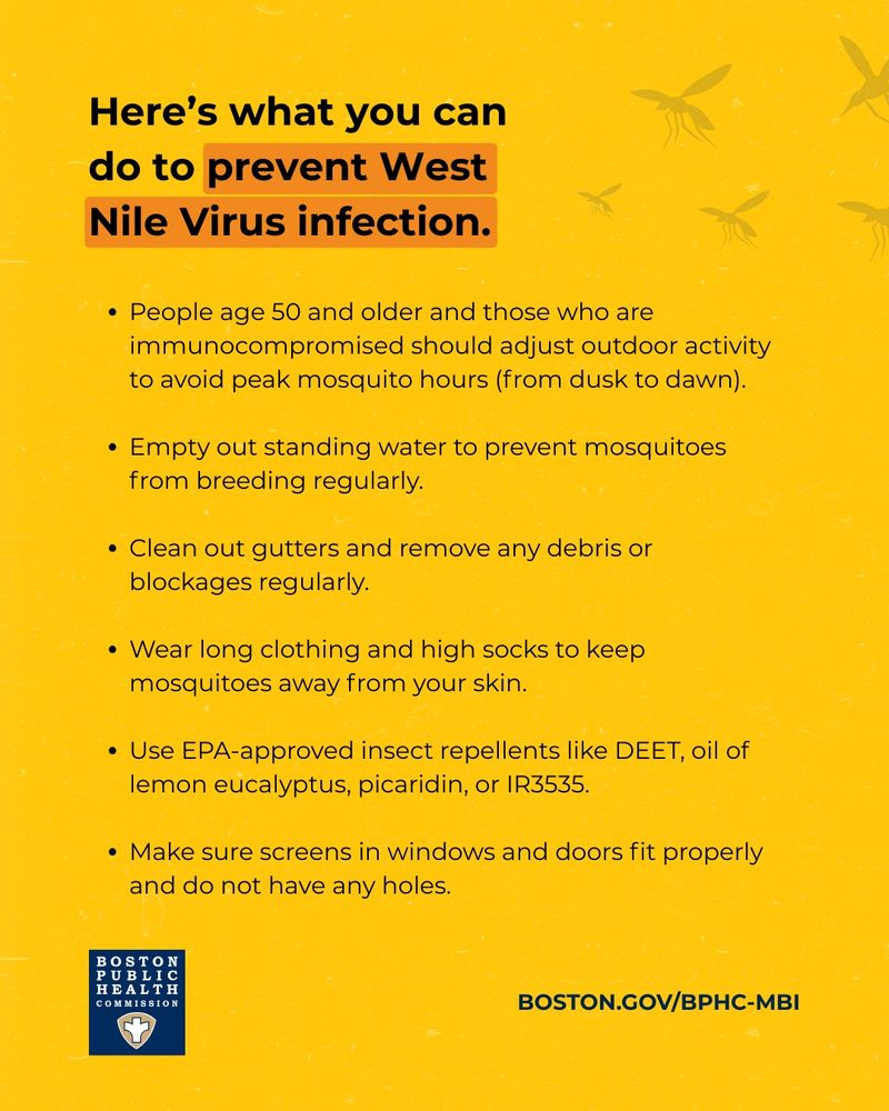 Yellow background with feint illustrations of mosquitoes. Text reads, "Here’s what you can do to prevent West Nile Virus infection. People age 50 and older and those who are immunocompromised should adjust outdoor activity to avoid peak mosquito hours (from dusk to dawn). Empty out standing water to prevent mosquitoes from breeding regularly. Clean out gutters and remove any debris or blockages regularly. Wear long clothing and high socks to keep mosquitoes away from your skin. Use EPA-approved insect repellents like DEET, oil of lemon eucalyptus, picaridin, or IR3535. Make sure screens in windows and doors fit properly and do not have any holes. boston.gov/bphc-mbi." The Boston Public Health Commission logo is at the bottom.