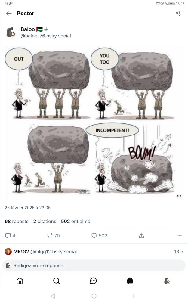 Dessin en 4 vignettes.
1. 3 employés portent une lourde charge... le patron en vire un
2. Les 2 restants supportent la charge... le patron en vire un second
3. L'employé restant supporte seul la charge, péniblement...
4. avant d'être écrasé par la charge trop lourde. Le patron conclut d'un "INCOMPÉTENT!" 