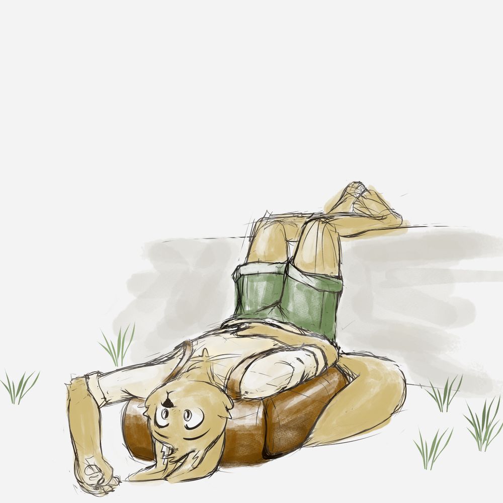 My sona laying on the ground with a big backpack. His feet are up and propped against a wall. He gazes at you from upside down.