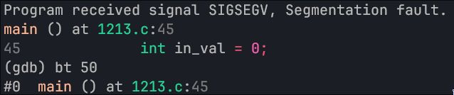 segfault on line `int in_val = 0;`

stack trace shows that this line is sole culprit