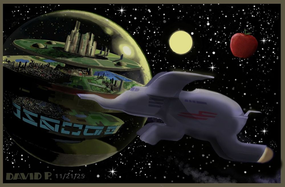 The same digital painting  But in this version, a spaceship that looks like an elephant is flying in the foreground. (The astronaut is gone). An apple floats in the foreground. 