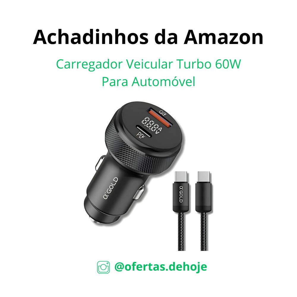 Imagem do Carregador Veicular Turbo 60W com portas USB e USB-C, design compacto em acabamento metálico, ideal para carregamento rápido de dispositivos móveis em automóveis.