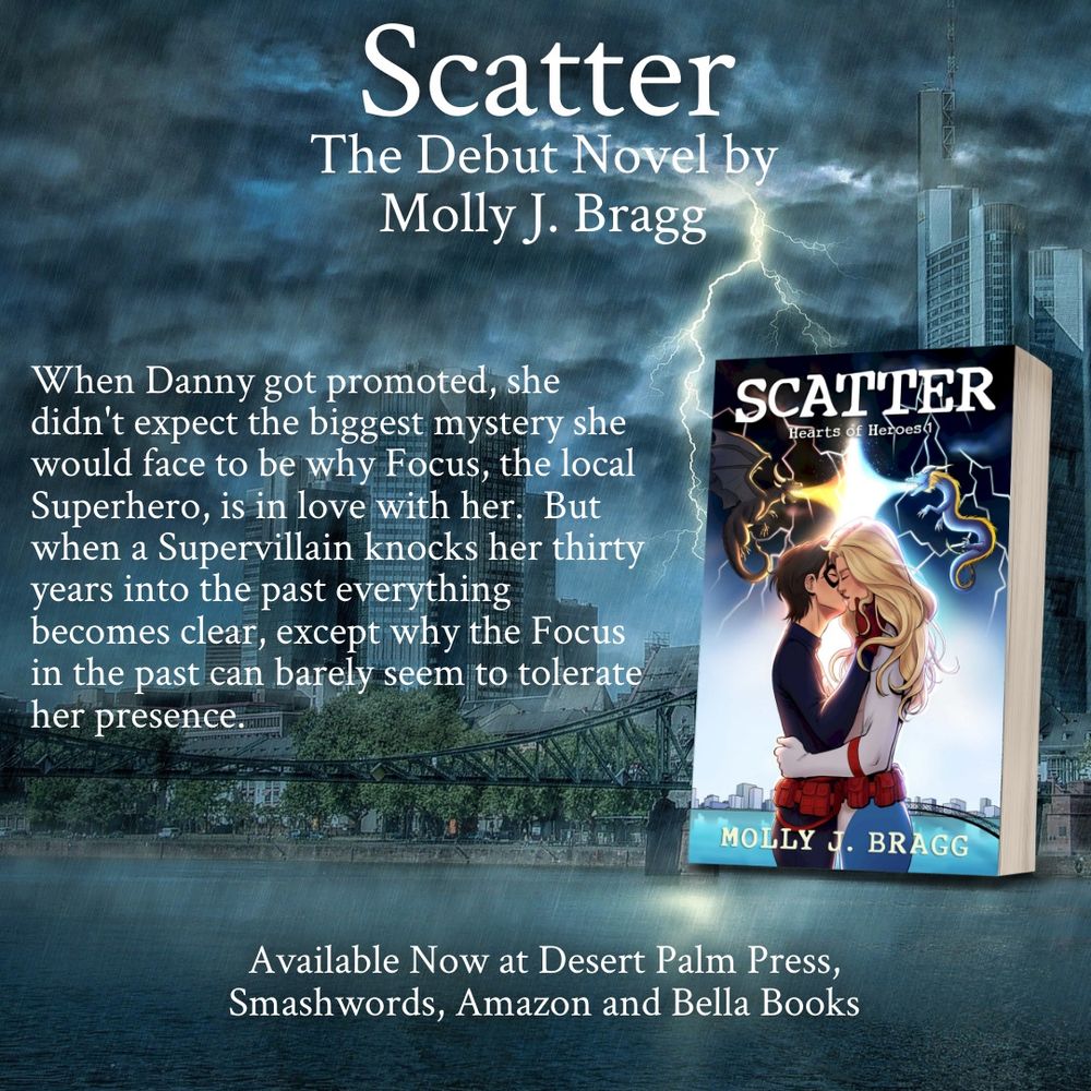 Scatter: Hearts of Heroes Book 1 

When Danny got promoted, she didn't expect the biggest mystery she would face to be why Focus, the local Superhero, is in love with her.  But when a Supervillain knocks her thirty years into the past everything becomes clear, except why the Focus in the past can barely seem to tolerate her presence.