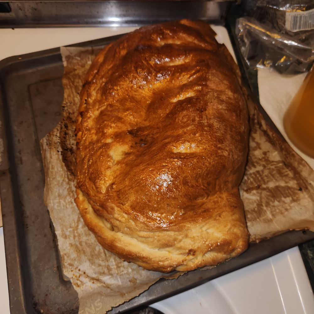 eggplant parm-ish calzone, shiny with half a beaten egg for glazing/washing. contents: fried eggplant planks, mozzarella parmesan & ricotta w spinach, mozzarella, parmesan, the OTHER half egg, nutmeg, s+p (basically, my mum's xmas day stuffed shell filling) treee-mendous.
