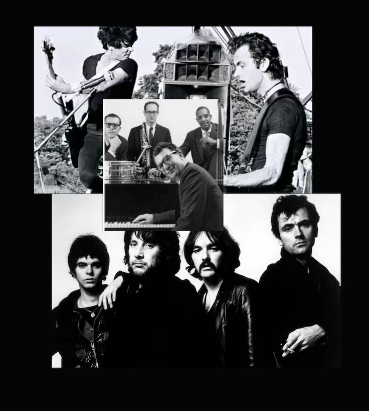 A black and white photo of The Dave Brubeck Quartet. And two black and white photos of the band The Stranglers.

"Central to the song’s peculiar allure was its triple-metre waltz rhythm. The beats are grouped in threes, with Greenfield’s harpsichord adding an extra beat to complete a movement of 13 beats. In terms of time signature, this translates to three bars of 3/4 followed by one of 4/4. The waltz rhythm is said to be directly inspired by Paul Desmond’s influential jazz classic ‘Take Five’ from Dave Brubeck’s legendary 1959 album Time Out. The resemblance is indeed uncanny." - Jordan Potter, FAR OUT magazine